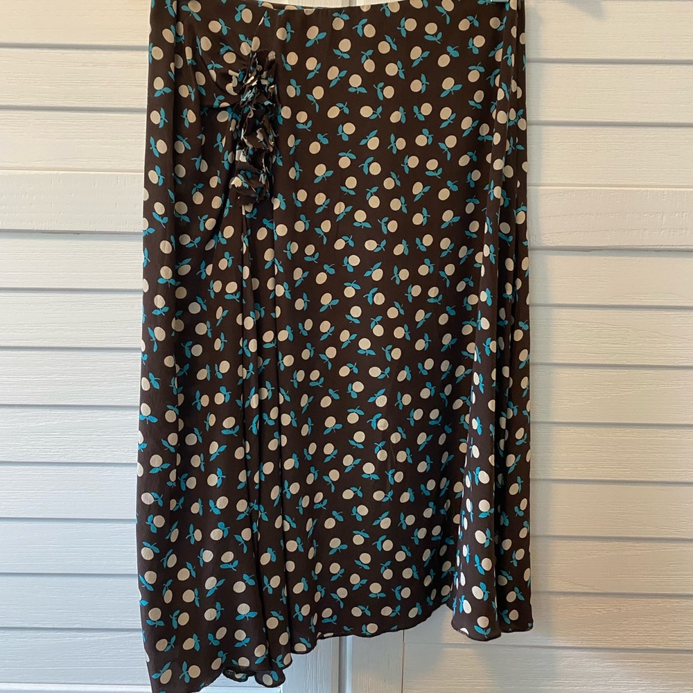 Tara Jarmon silk skirt, brown with beige cherries and turquoise accents